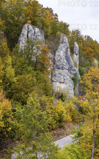 Swabian Alb in autumn, Albtrauf with colourful mixed forest and rocky landscape. Bad Urach,