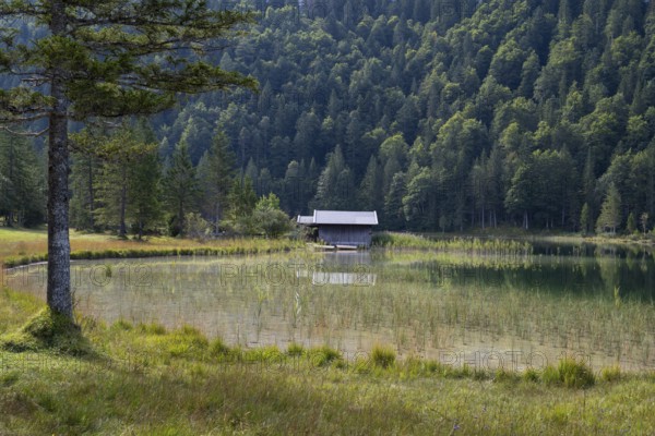 Hütte am Ferchensee, Mittenwald, Werdenfelser Land, Alps, Upper Bavaria, Bavaria, Germany, Europe