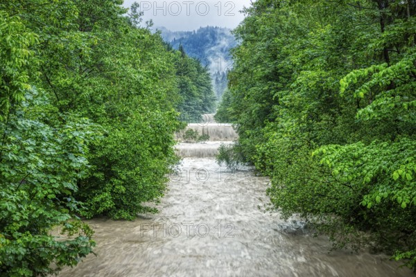 A meandering river with several waterfalls in the middle of a dense forest, Jenbach, Bad Feilnbach