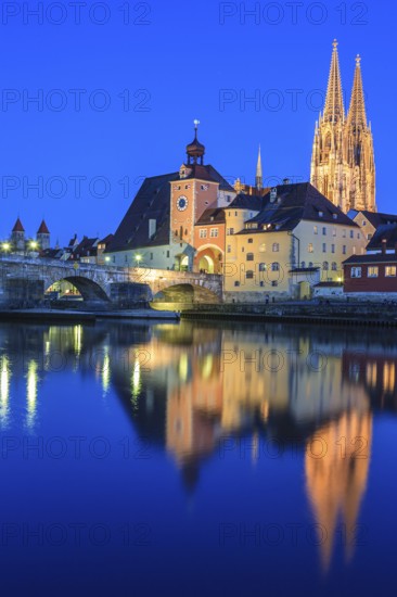 Church and bridge reflected in river, twilight, moon, idyllic, Regensburg Cathedral and stone