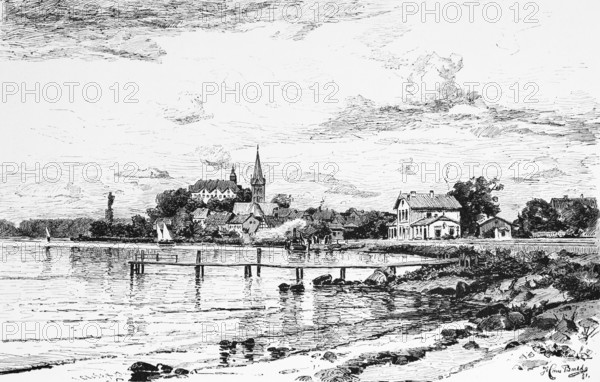 Small town of Plön with castle, Lake Plön, eastern hilly country, excursion boat, sailing boat,