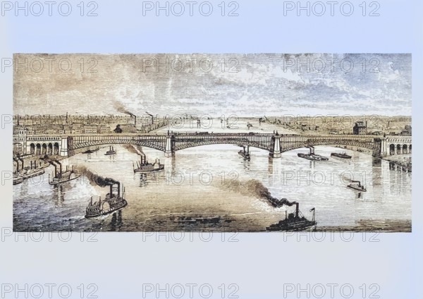Large steel bridge over the Mississippi River in St Louis Missouri in the 1870s. From American