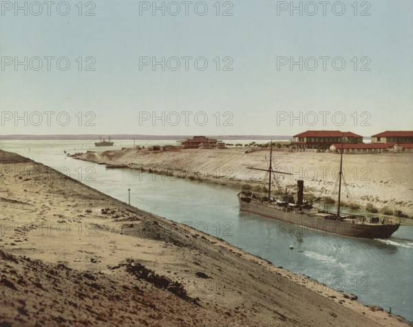 Suez Canal, Entrance to Lake Timsah, Egypt, Historical, digitally restored reproduction from a 19th