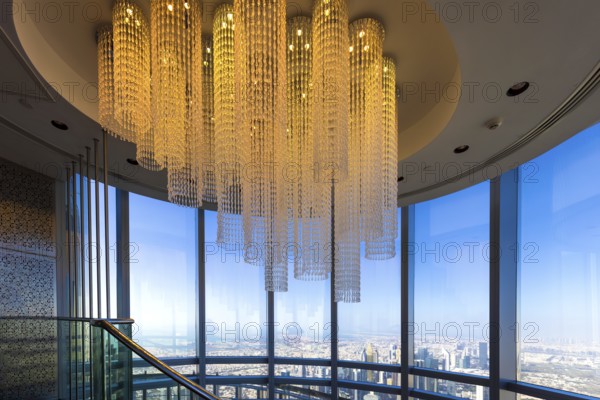 Observation deck in Dubai Burj Khalifa with scenic skyline panoramic views of city downtown and