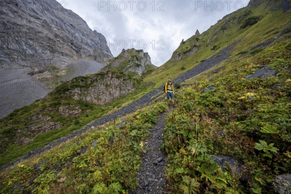 A mountaineer on a mountain path with lush green vegetation in foggy weather, hiking trail to