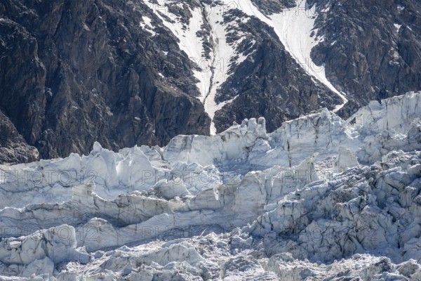 Glacier ice, rutted glacier with crevasses, Glacier des Bossons, Chamonix, Haute-Savoie, France,