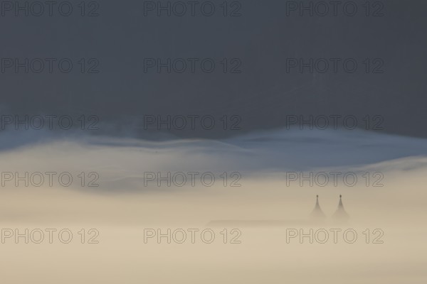 Foggy mood, fog, morning light, backlight, autumn, church towers, Loisach-Lake Kochel-Moor,