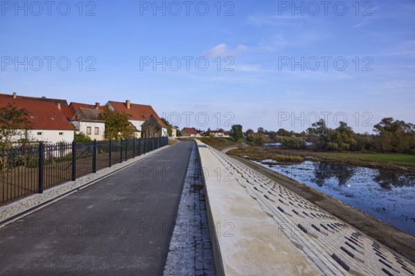 Dyke along the Alte Elbe, residential buildings with gardens, Mühlberg Elbe, Elbe-Elster district,