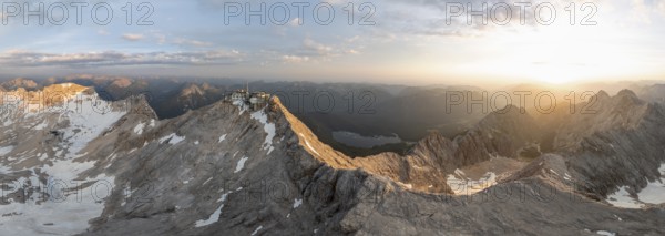 Sunrise, Alpine panorama, aerial view, Zugspitze and Zugspitzplatt with glacier, high mountains,