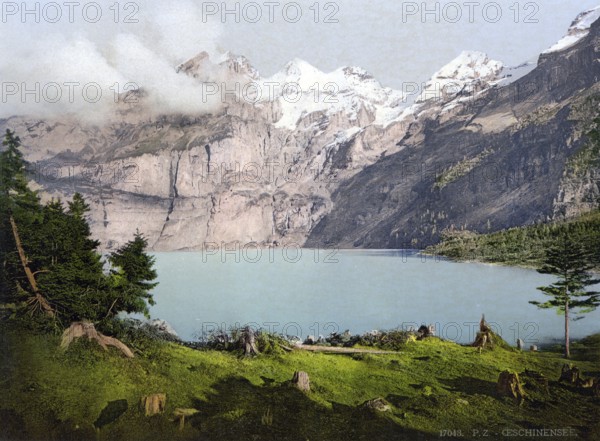 Oeschinensee, Bernese Oberland, Switzerland, Historic, digitally restored reproduction from a 19th