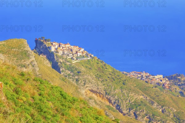 Castelmola village, high angle view, Castelmola, Taormina, Sicily, Italy, Europe