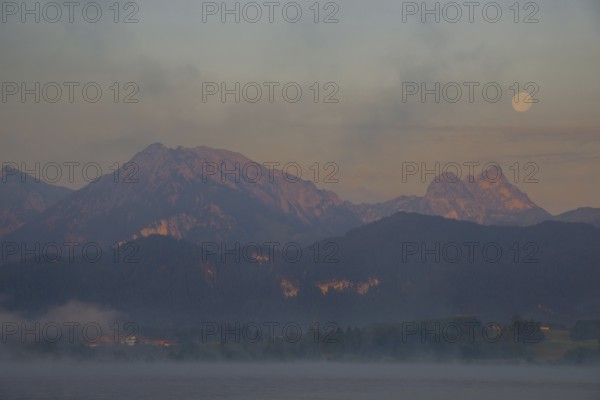 Morning atmosphere at full moon, Hopfensee, near Fuessen, Ostallgaeu, Allgaeu, Upper Swabia,