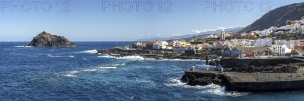 Atlantic coast with Roque de Garachico island off the town of Garachico, Tenerife, Canary Islands,
