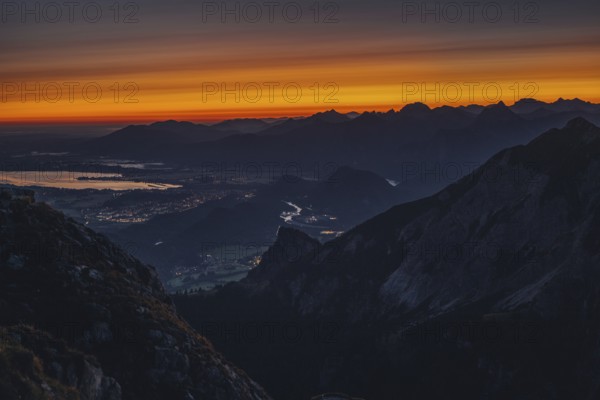 View from the Aggenstein and the foothills of the Alps in Ostallgäu and the Ammergebirge at