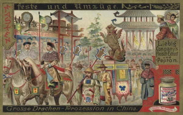 Picture series Masked festivals and processions, large dragon procession in China, Liebig picture,