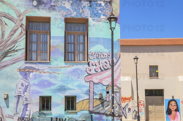 Old house painted with murals, Petychakis square, Rethymno, Crete, Greek Islands, Greece, Europe