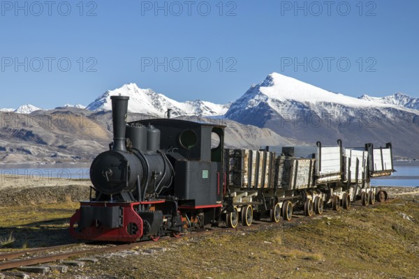 Steam train engine, railway locomotive for transporting coal at former mining town Ny-Alesund,