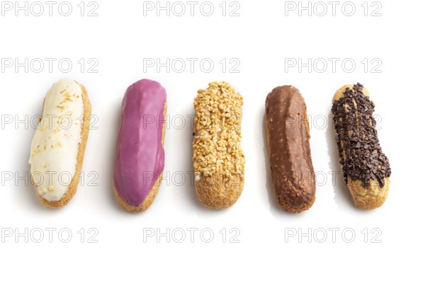 Set of eclair, traditional french dessert isolated on white background. side view, close up, still