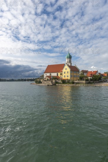 Moated castle, Lake Constance, parish church of St. George, onion dome, water reflection, Bavaria,