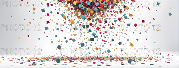 Abstract New Years Eve confetti explosion, with minimalist colored squares and circles falling