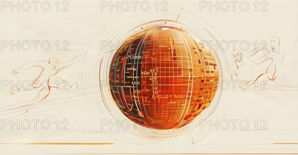 Illustration of an abstract, vibrant orange colored rotating digital sphere with patterns