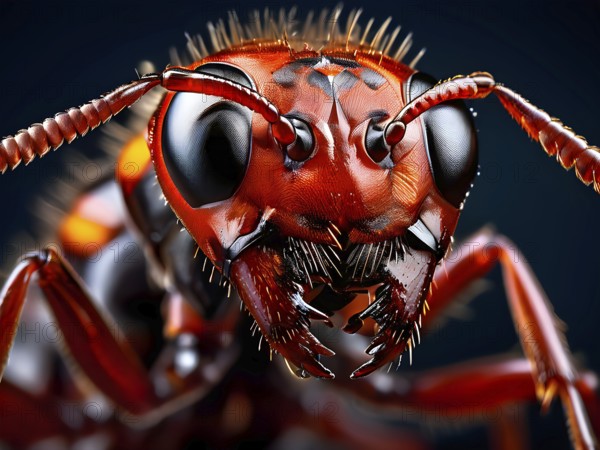 Extreme close-up of a red ant (Formica rufa), focusing on its sharp mandibles, textured
