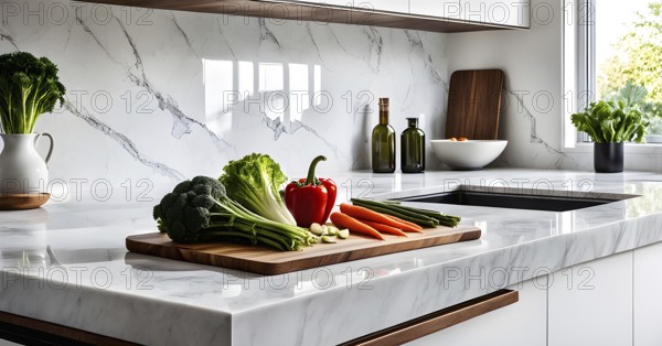 Minimalist kitchen with sleek, white cabinetry and a marble countertop, featuring a single wooden