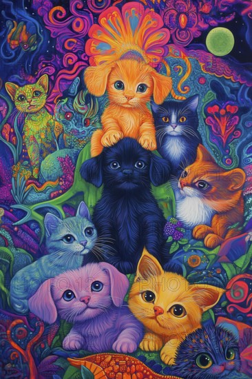 Puppies dogs and cats in a colorful flower setting, AI generated