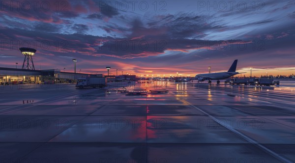 Aerial view international airport terminal, planes departing to multiple international locations.,
