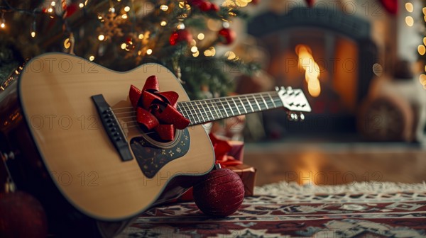 Brand new guitar christmas gift with a red bow under the tree. generative AI., AI generated