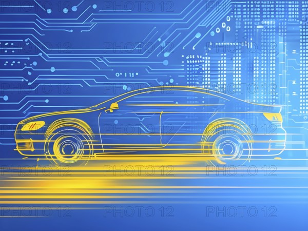 Sport car silhouette with vibrant blue and yellow dynamic lines showing motion, surrounded by data