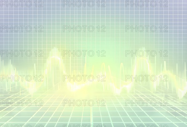 Glowing digital wave forms fluctuating in sync with a pulsating grid background, representing the