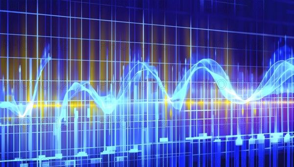 Glowing digital wave forms fluctuating in sync with a pulsating grid background, representing the