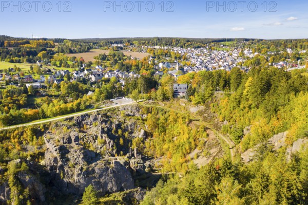 Aerial view of the Binge with hat house and town view of Geyer in autumn, Erzgebirge, Saxony,