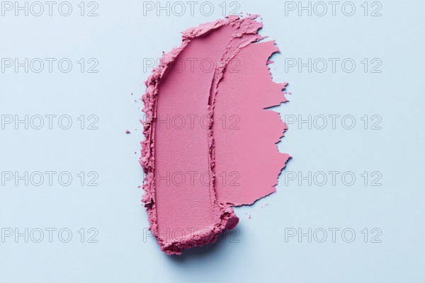 Pink lipstick color swatch smudge on light blue background. Generative Ai, AI generated