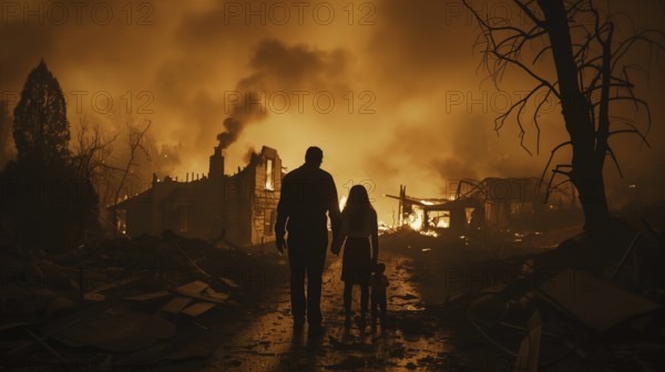Young family standing stunned gazing at the fire ruins of their home. generative AI, AI generated