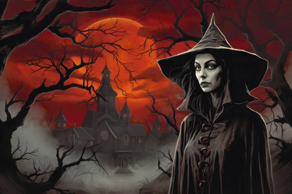 Year 60s and 70s poster with a witch celebrating Halloween under full moon in a forest, AI