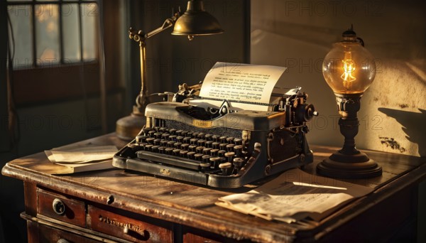 Antique typewriter sitting on a weathered wooden desk, with crumpled papers scattered around, AI