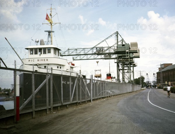 'Pic River' cargo ship (built 1896) and quayside cranes, Welland canal, St Lawrence seaway, Great