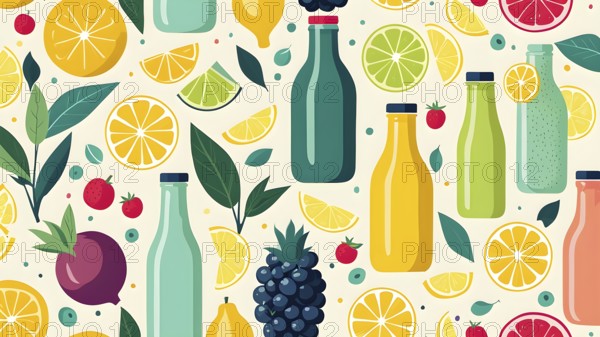 Abstract wallpaper of smoothie surrounded by an assortment of fruits and vegetables, AI generated