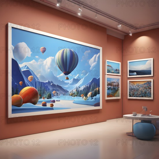 Art gallery with canvas and plastics in a 3D illustration, AI generated