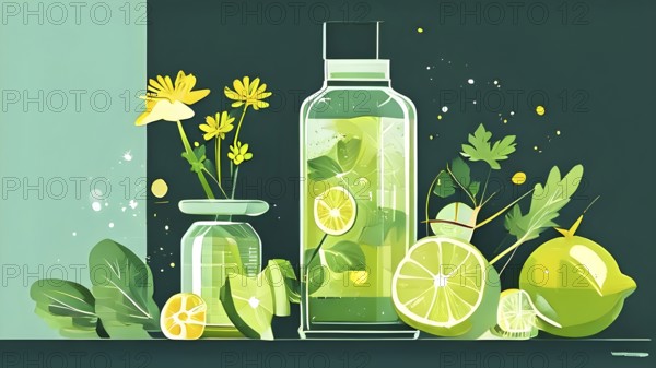 Abstract wallpaper composition with bottle of delicious green detox juice and fruits and