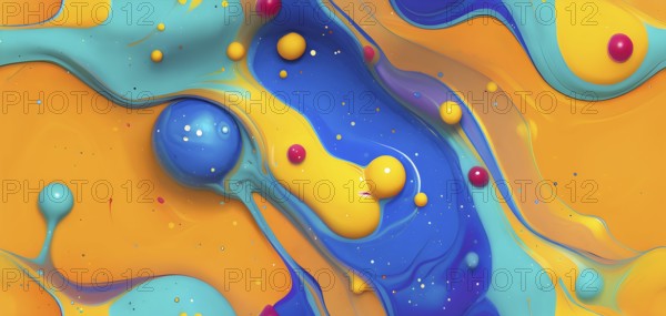 Abstract wallpaper with colorful turquoise and yellow blobs and liquid shapes on a orange
