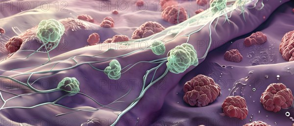Three dimensional render of metastasis of cancerous tumor, AI generated