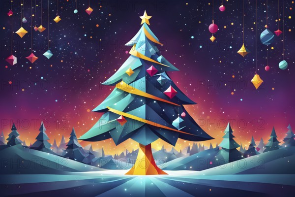 Abstract Christmas tree illustration with vibrant colors and geometric shapes, AI generated