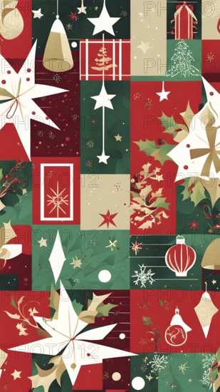 Abstract mix of traditional Christmas symbols arranged in a vibrant modern style, AI generated