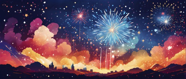 Wallpaper illustration of an explosion of vibrant fireworks colors in a night sky, symbol for happy
