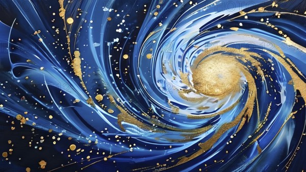 Abstract Illustration of energetic and dynamic swirl of gold, silver, and deep blue hues,