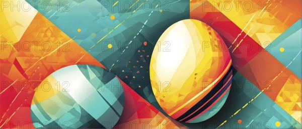 Abstract Easter egg design with geometric patterns, bold colors, and a mix of textures, creating a