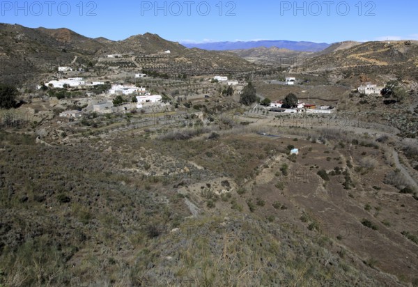 Landscape and small village Rambla Honda, in Sierra Alhamilla mountains, near Nijar, Almeria,
